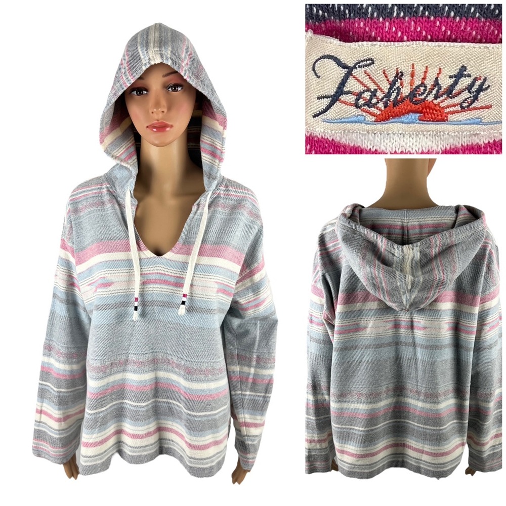 Faherty Womens Large Byron Bay Hoodie Stripe Organic Cotton Bloom Paradise EUC